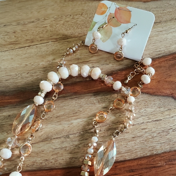 Long Beaded Necklace & Earring Set Natural Cream & Champagne Gold - Picture 2 of 8